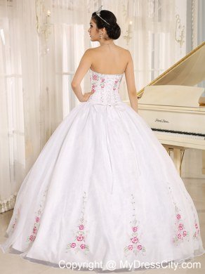 Ball Gown Strapless Embroidery White Quinceanera Dress Under 300