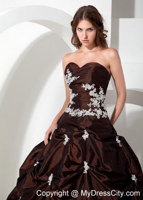 Modest Sweetheart Silver Appliques Brown Dress for Quinceanera Party