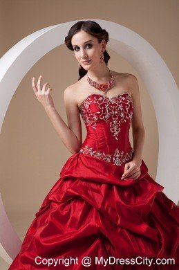 2013 Red Appliques Pick-ups Dress for Sweet 16 with Taffeta