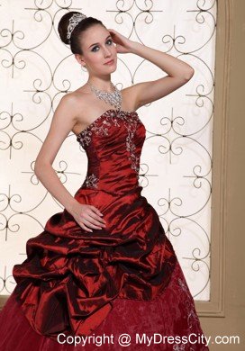 Wine Red Quinceanera Dress Appliques and Pick-ups