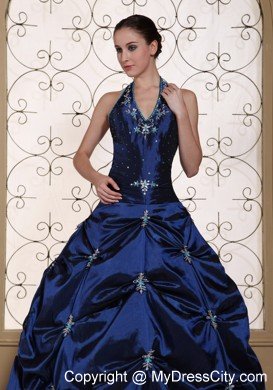 Halter Top Embroidery With Beading Puffy 2013 Navy Quinceanera Dress