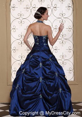 Halter Top Embroidery With Beading Puffy 2013 Navy Quinceanera Dress