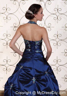 Halter Top Embroidery With Beading Puffy 2013 Navy Quinceanera Dress