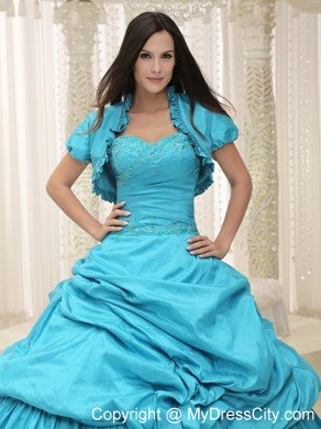 Elegant Beading Taffeta Sweetheart Appliques Teal Quinceanera Dress