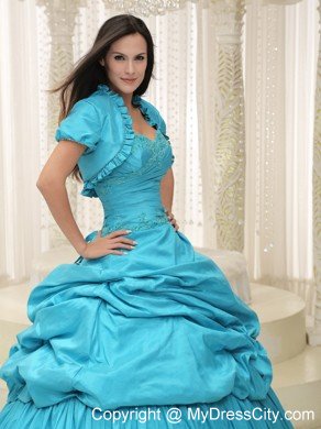 Elegant Beading Taffeta Sweetheart Appliques Teal Quinceanera Dress