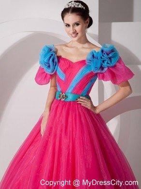 A-line V-neck Organza Flowers Short Sleeves Sweet 15 Dresses