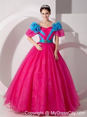 A-line V-neck Organza Flowers Short Sleeves Sweet 15 Dresses