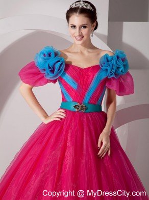 A-line V-neck Organza Flowers Short Sleeves Sweet 15 Dresses