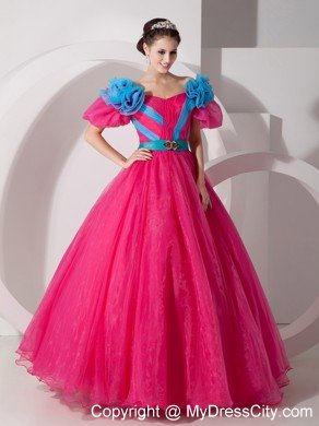 A-line V-neck Organza Flowers Short Sleeves Sweet 15 Dresses