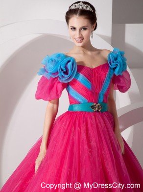 A-line V-neck Organza Flowers Short Sleeves Sweet 15 Dresses