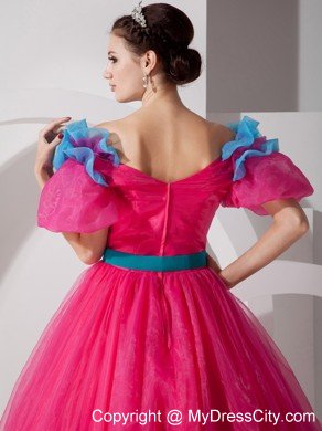 A-line V-neck Organza Flowers Short Sleeves Sweet 15 Dresses