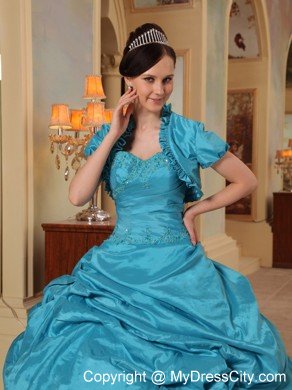 Sweetheart Taffeta Beading Teal Puffy Quinceanera Dress with Jacket