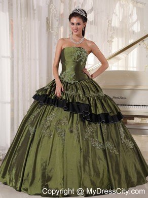 Olive Taffeta Strapless Beading and Appliques Quinceanera Dress