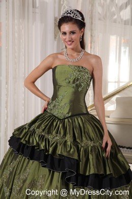 Olive Taffeta Strapless Beading and Appliques Quinceanera Dress