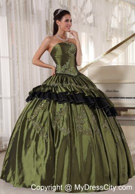 Olive Taffeta Strapless Beading and Appliques Quinceanera Dress