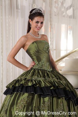 Olive Taffeta Strapless Beading and Appliques Quinceanera Dress