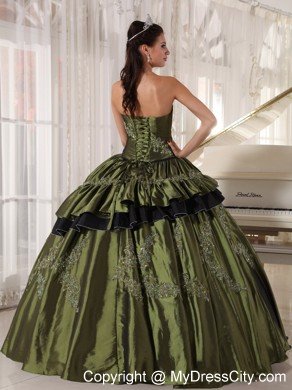 Olive Taffeta Strapless Beading and Appliques Quinceanera Dress