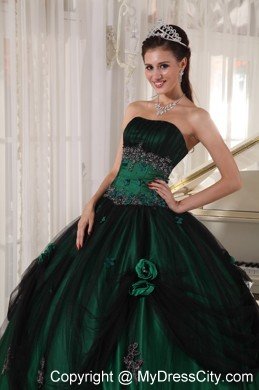 Strapless Tulle and Taffeta Appliques Puffy Green Quinceanera Dress