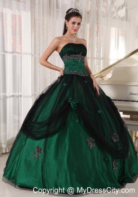 Strapless Tulle and Taffeta Appliques Puffy Green Quinceanera Dress