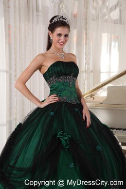 Strapless Tulle and Taffeta Appliques Puffy Green Quinceanera Dress