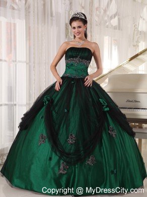 Strapless Tulle and Taffeta Appliques Puffy Green Quinceanera Dress