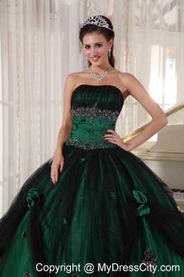 Strapless Tulle and Taffeta Appliques Puffy Green Quinceanera Dress