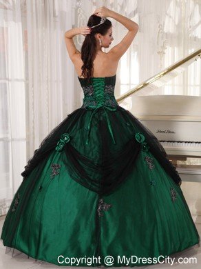 Strapless Tulle and Taffeta Appliques Puffy Green Quinceanera Dress