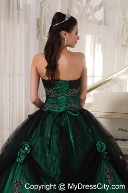 Strapless Tulle and Taffeta Appliques Puffy Green Quinceanera Dress