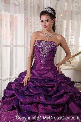 Taffeta Strapless Ruches Eggplant Purple Quinceanera Gowns for Cheap