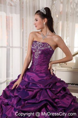 Taffeta Strapless Ruches Eggplant Purple Quinceanera Gowns for Cheap