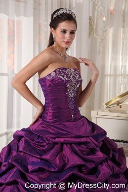 Taffeta Strapless Ruches Eggplant Purple Quinceanera Gowns for Cheap