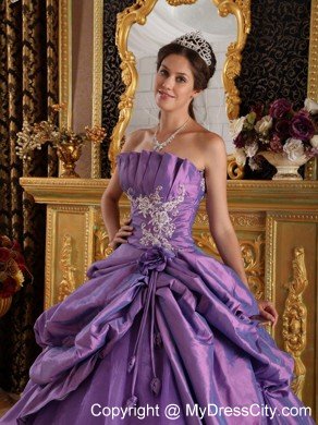 Strapless Taffeta and Organza Flowers Lavender Quinceanera Dress