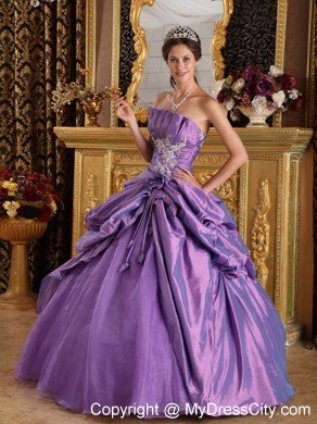 Strapless Taffeta and Organza Flowers Lavender Quinceanera Dress