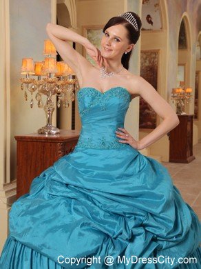 Taffeta Beading Sweetheart Puffy Teal Quinceanera Dress