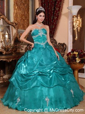 New Arrival Organza Strapless Pick Ups Turquoise Quinceanera Dress