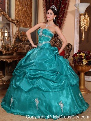 New Arrival Organza Strapless Pick Ups Turquoise Quinceanera Dress