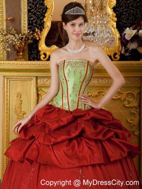 Red and Green Strapless Appliques Taffeta Quinceanera Dress