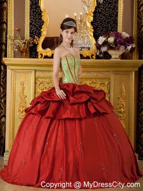 Red and Green Strapless Appliques Taffeta Quinceanera Dress