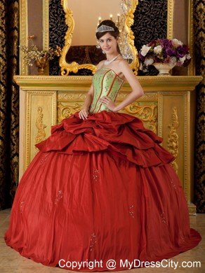 Red and Green Strapless Appliques Taffeta Quinceanera Dress