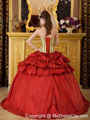 Red and Green Strapless Appliques Taffeta Quinceanera Dress