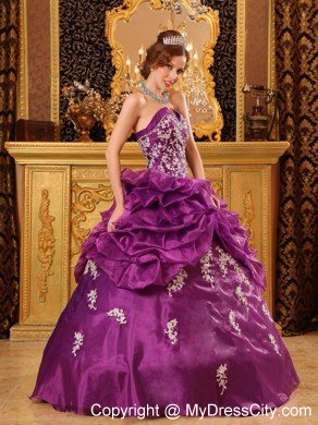 Organza Strapless White Appliques Ruffled Purple Quinceanera Dress