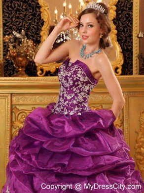 Organza Strapless White Appliques Ruffled Purple Quinceanera Dress