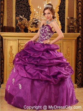 Organza Strapless White Appliques Ruffled Purple Quinceanera Dress