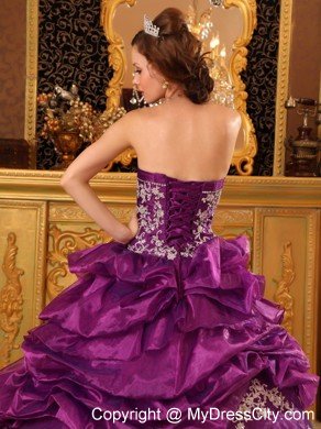 Organza Strapless White Appliques Ruffled Purple Quinceanera Dress