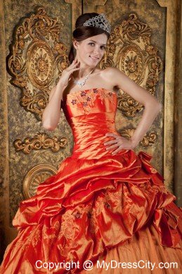 Taffeta Pick-ups Embroidery Bowknot Orange Red Quinceanera Dress