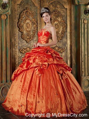 Taffeta Pick-ups Embroidery Bowknot Orange Red Quinceanera Dress