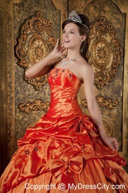 Taffeta Pick-ups Embroidery Bowknot Orange Red Quinceanera Dress