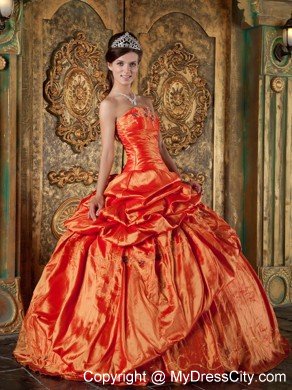 Taffeta Pick-ups Embroidery Bowknot Orange Red Quinceanera Dress