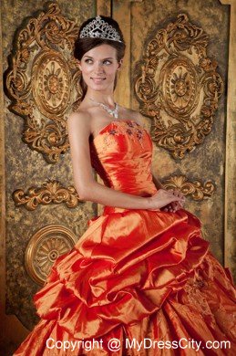 Taffeta Pick-ups Embroidery Bowknot Orange Red Quinceanera Dress