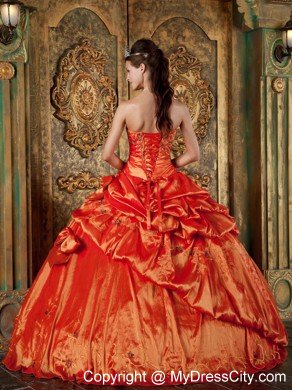 Taffeta Pick-ups Embroidery Bowknot Orange Red Quinceanera Dress